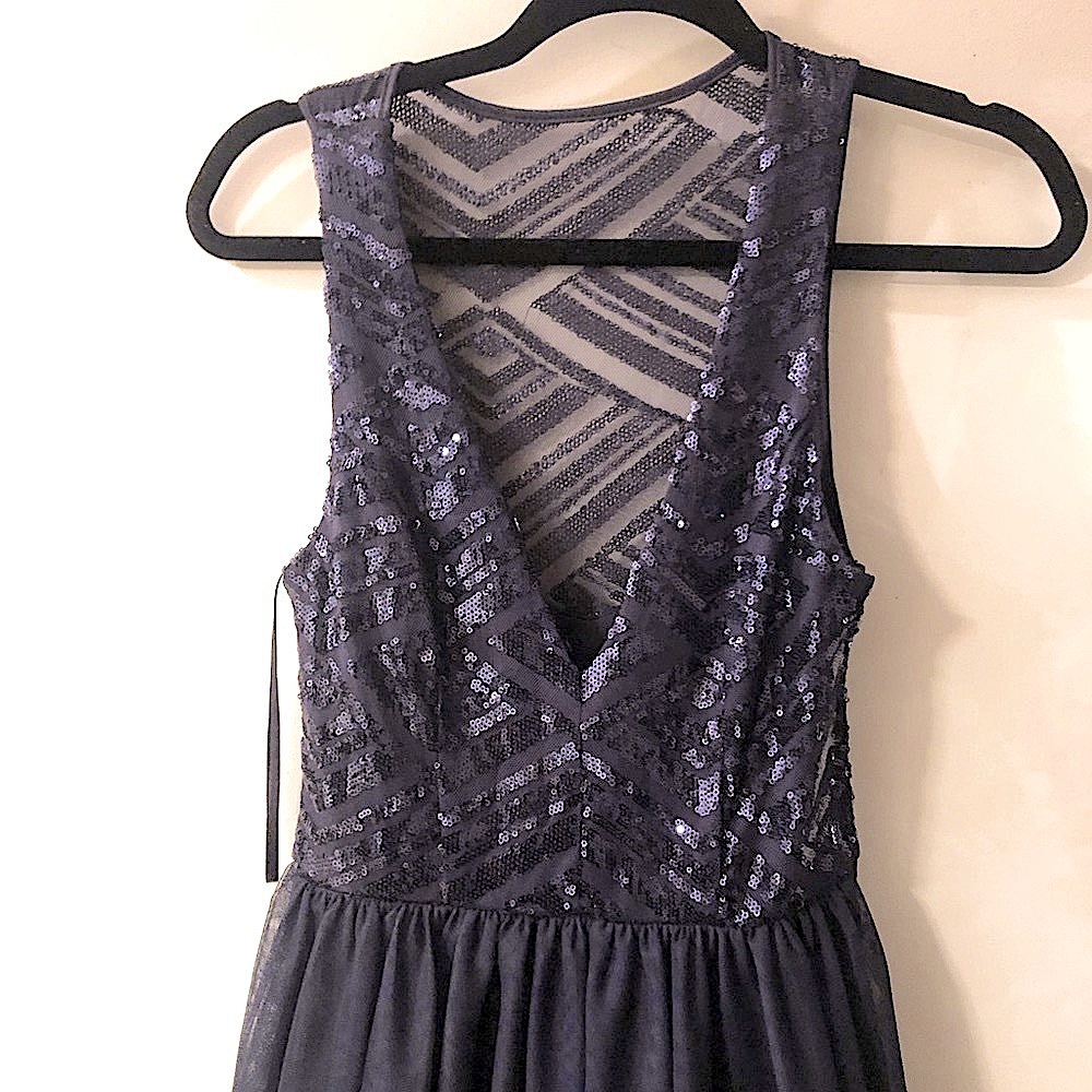 Sequin navy blue tulle formal sleeveless deep v neck dress